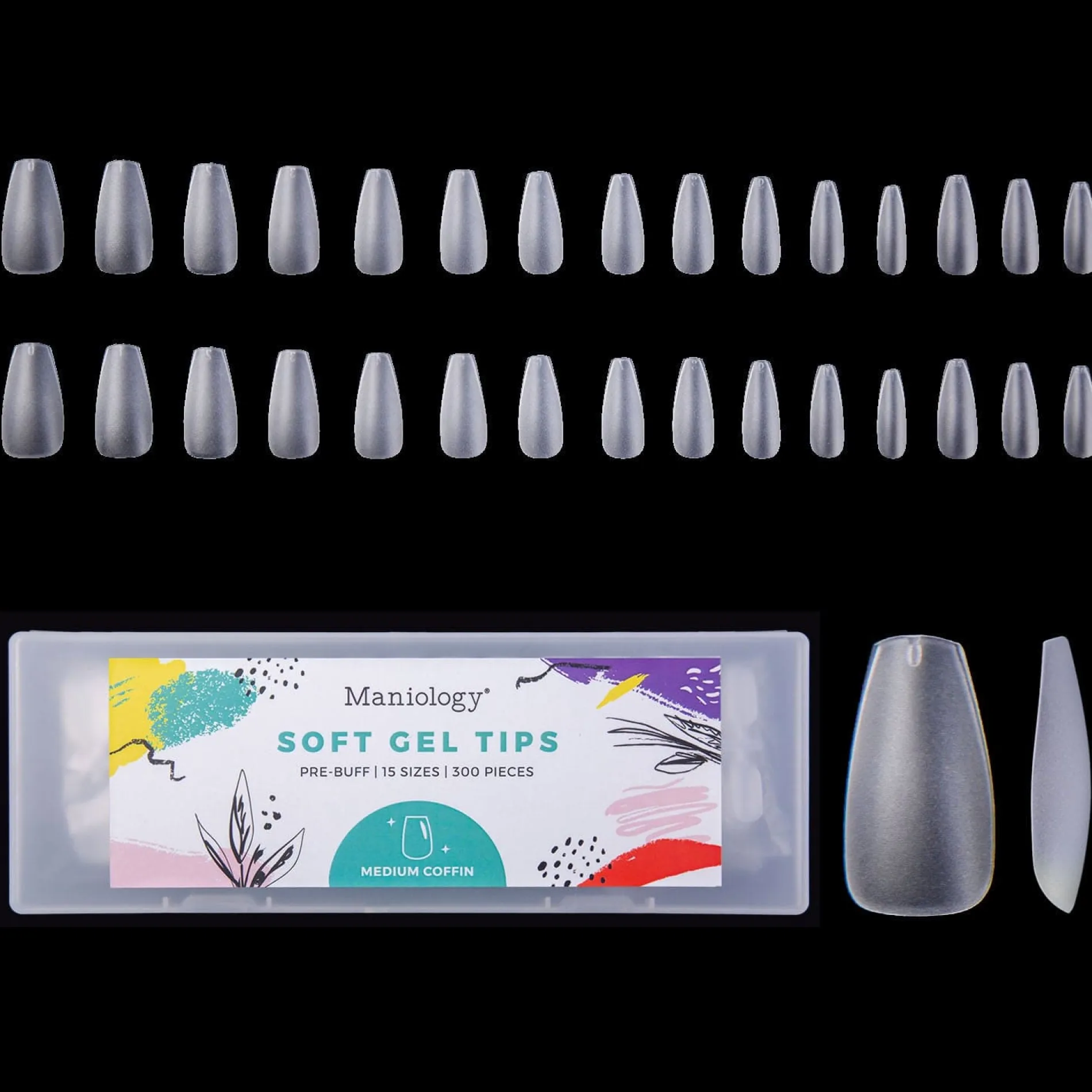 300pcs Full Cover Nail Tips for Extension in 15 Sizes - Medium Coffin